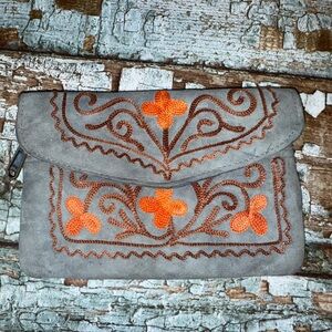 Gray Soft Cloth Wallet Clutch with Orange Floral Embroidery